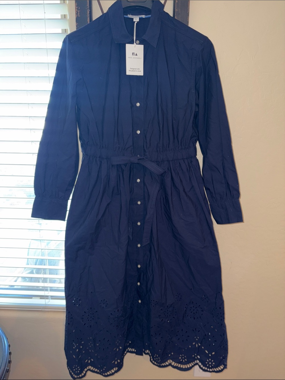 Free Assembly Button-Front Navy Eyelet Hem Dress NWT